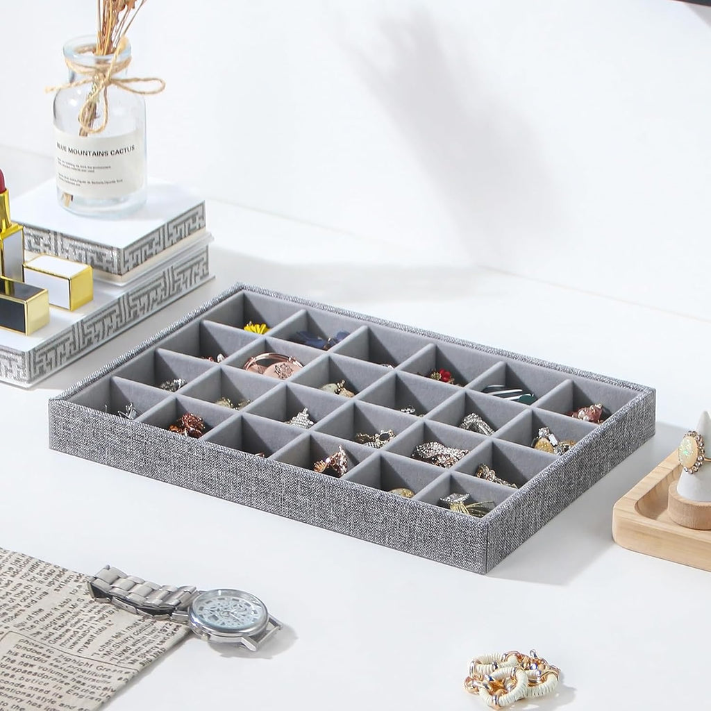 Stackable Jewelry Organizer Tray For Drawers,White Leather Small Earring Storage Tray,Bracelet And Necklace Display Box,Jewelry Ring Display Case (Gray 24 Grids)