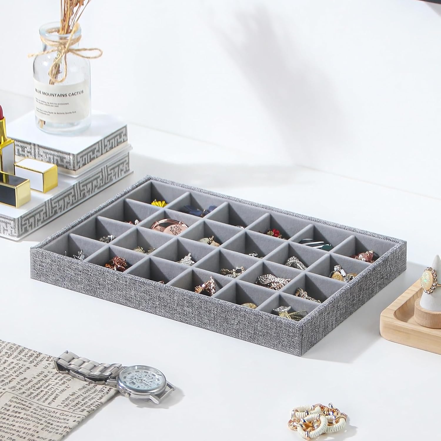 Stackable Jewelry Organizer Tray For Drawers,White Leather Small Earring Storage Tray,Bracelet And Necklace Display Box,Jewelry Ring Display Case (Gray 24 Grids)