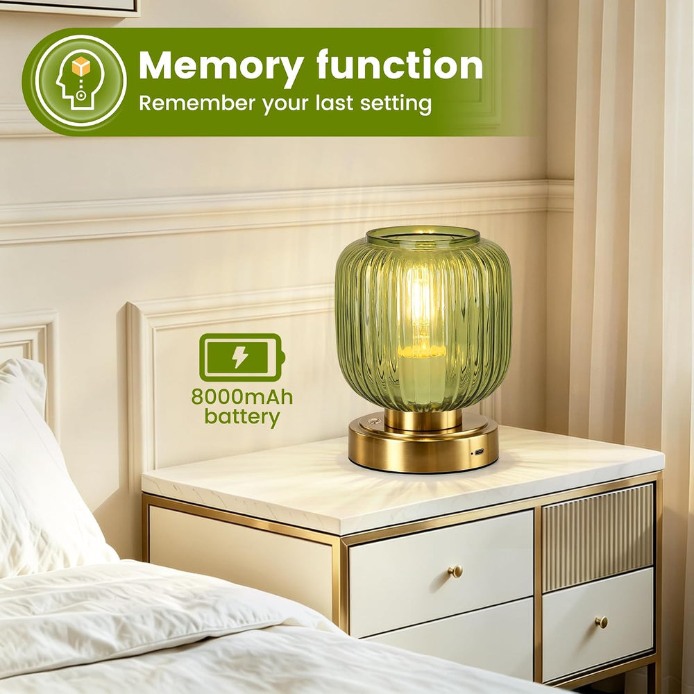 Cordless Table Lamp for Living Room, Small Green Glass Lamp for Bedroom