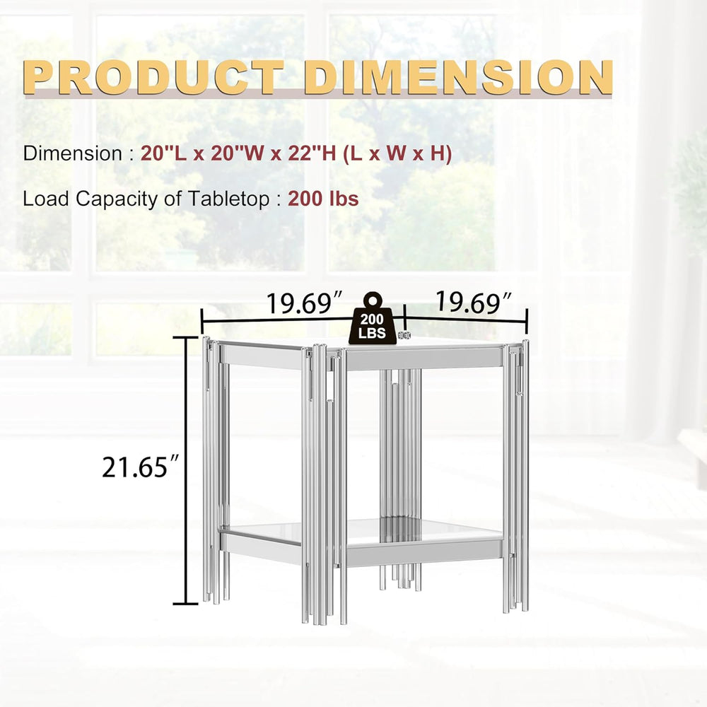 Square Glass End Table with Clear Tempered Glass Top & Silver Stainless S...