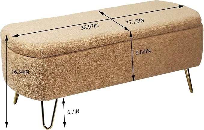 Storage Ottoman Bench with End of Bed Gold Legs,Modern Faux Fur Entryway Long Stool Upholstered Padded W/Safety Hinge,for Bedroom LivingRoom Window Side,Camel