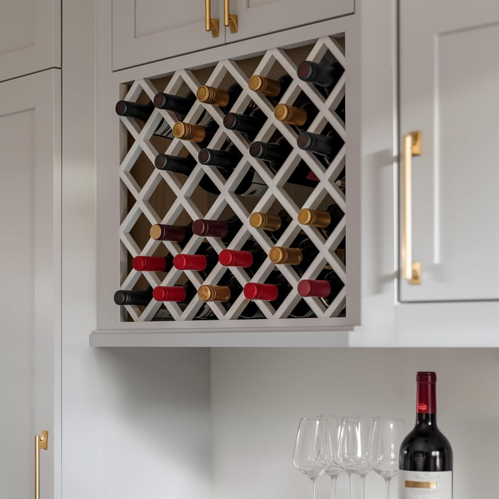 Solid Wood RTA Wine Bottle Rack Wall Cabinet with Lattice Panels - Bottle Holder Storage for Bar, Pantry, or Wine Cellar - Mocha Finish Countertop Solution (White, 24'W 12'D 30'H)