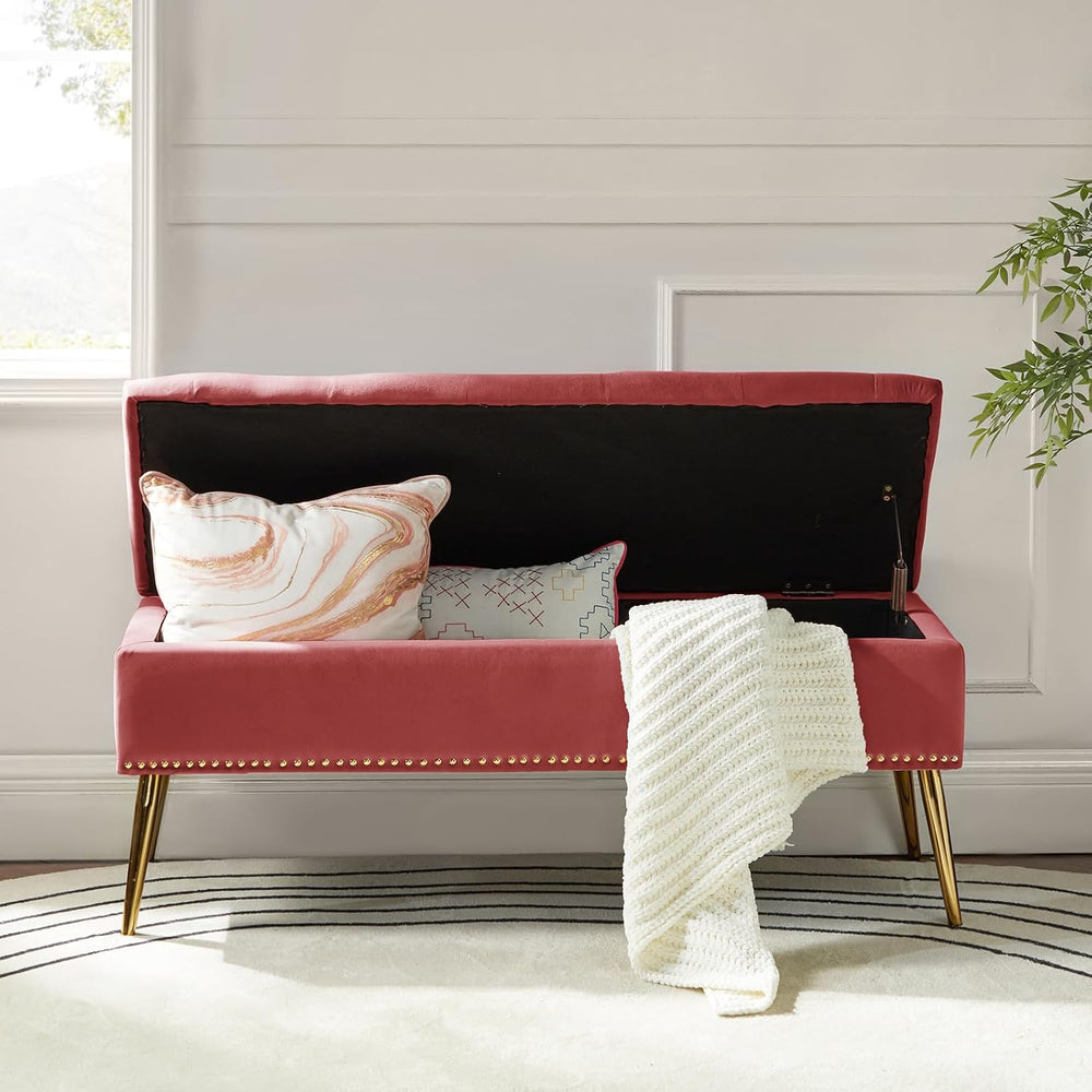 HULALA HOME Modern Velvet Storage Ottoman Bench with Gold Base & Nailhead...