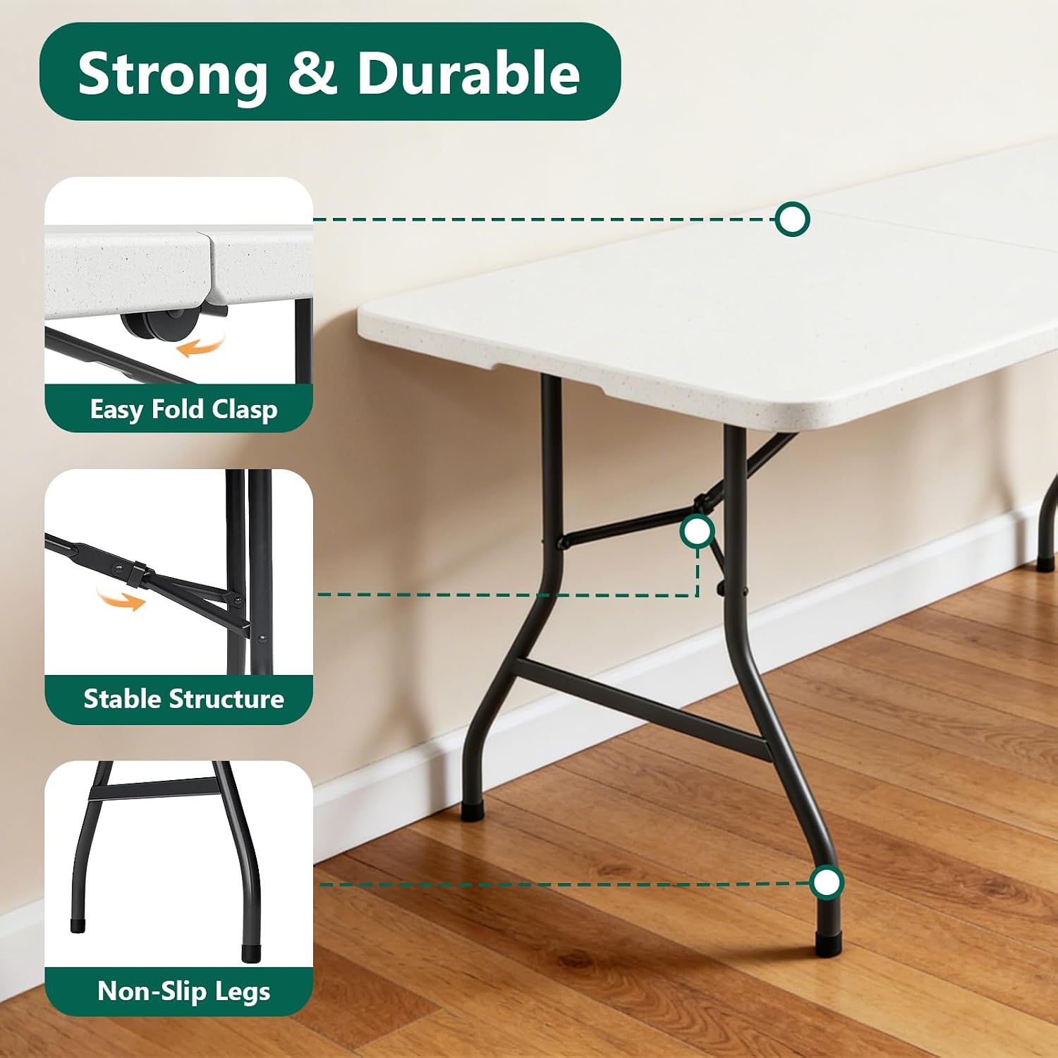 6ft Folding Table, Foldable Picnic Table Portable Table for Indoor Outdoor Use Heavy Duty Plastic Table Camping Table with Carry Handle for Party, BBQ, White