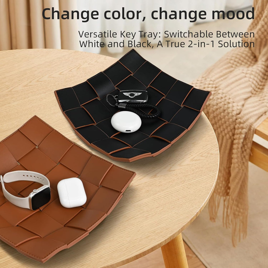 Valet Tray PU Leather Key Holder Bowl for Men Entryway Table Nightstand Desk Tray for Wallet, Keys Men's Gift - Brown & Black, 9.8" L x 9.8" W x 2" H