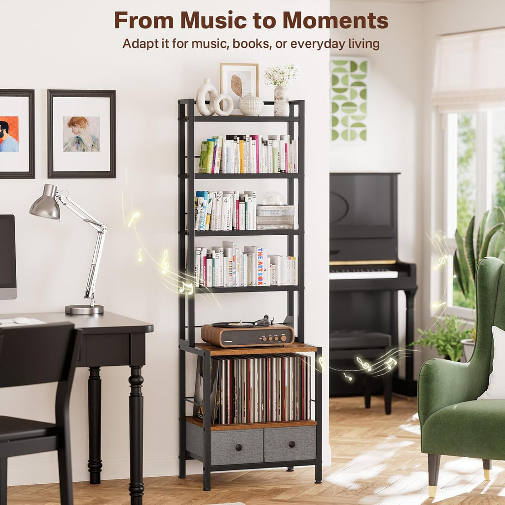 DVD Storage Vinyl Record Storage Rack, 6-Tier CD Rack Tower with Drawers for CDs, DVDs, Albums, Books & Games, Vinyl Record Holder & DVD Shelf Organizer for Living Room & Home Office, 20.8x11.8x63Inch