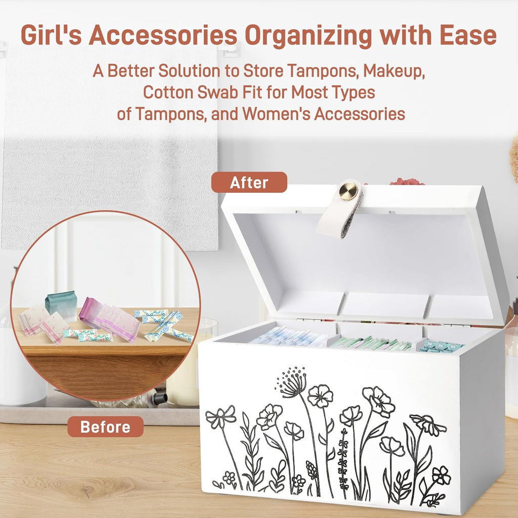 100% Solid Wood Tampon Holder Box with Lid, Copper Leather Pull, Absolute Real Wood Bathroom Decorative Box for Feminine Product Storage and Accessories such as Tampons, Cotton Balls, Gifts for Women