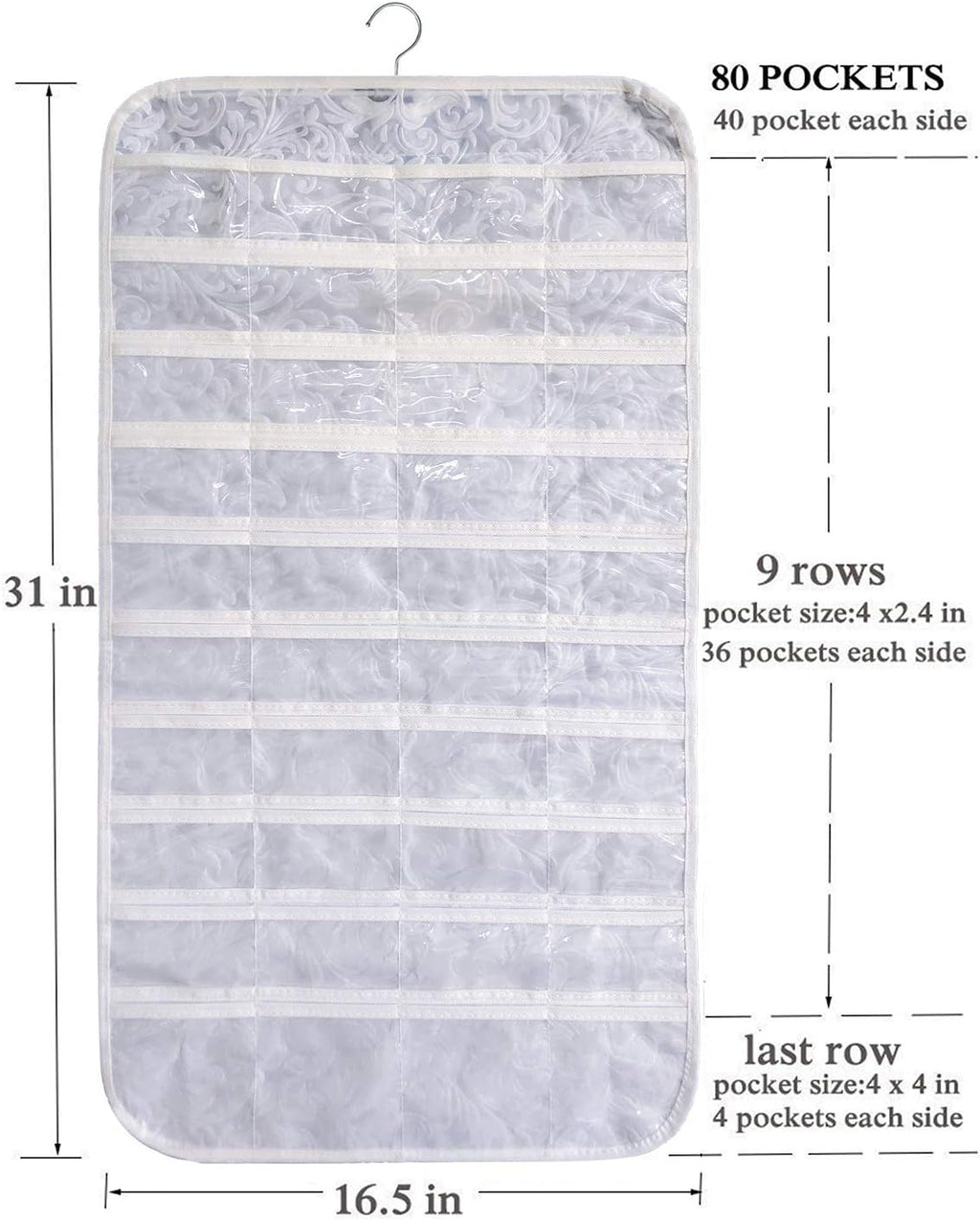 BB Brotrade Hanging Jewelry Organizer,Accessories Organizer,80 Pocket Organizer for Holding Jewelries (White-Embossed)