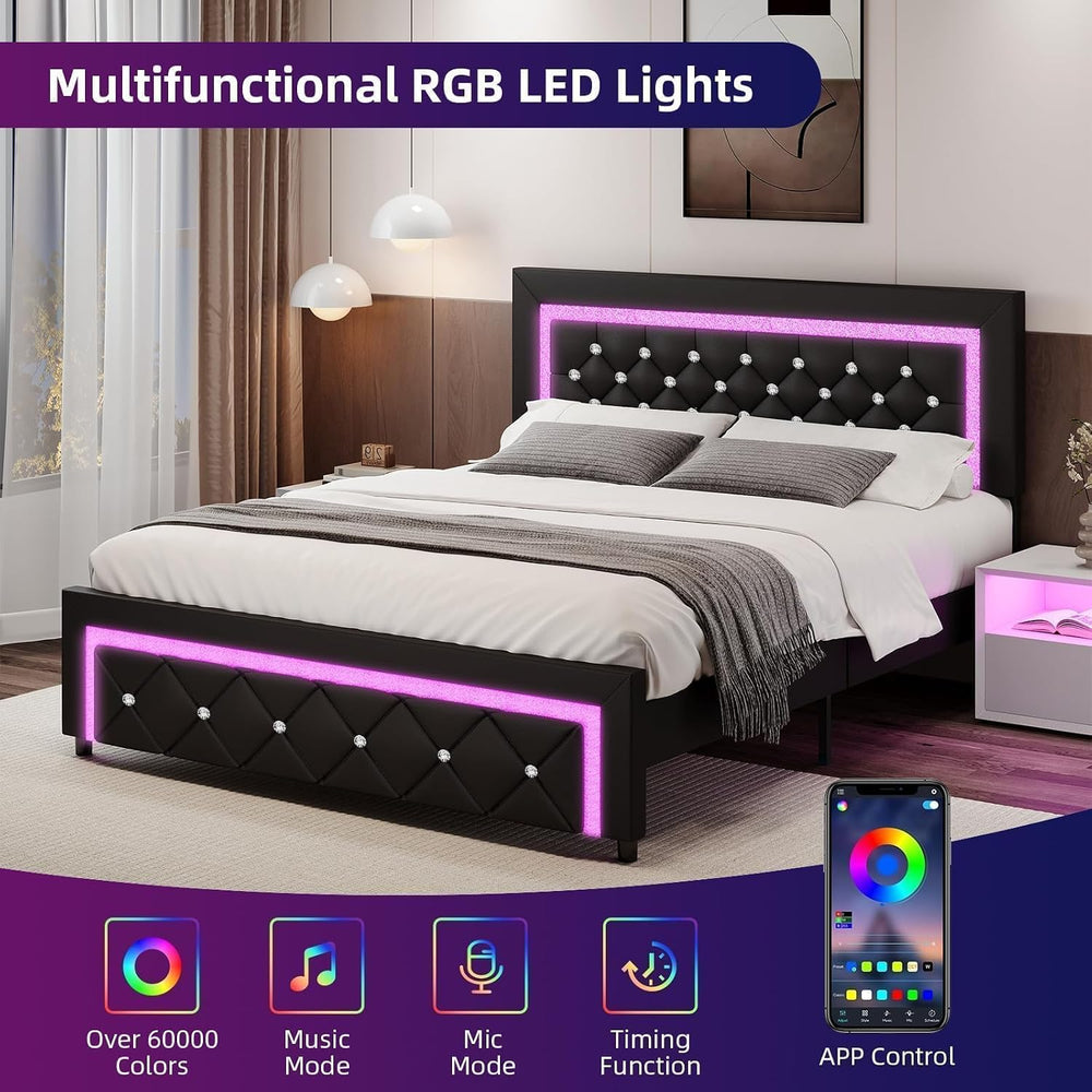 BarnFurin Queen Bed Frame with LED Lights, Diamond Tufted Headboard, Black