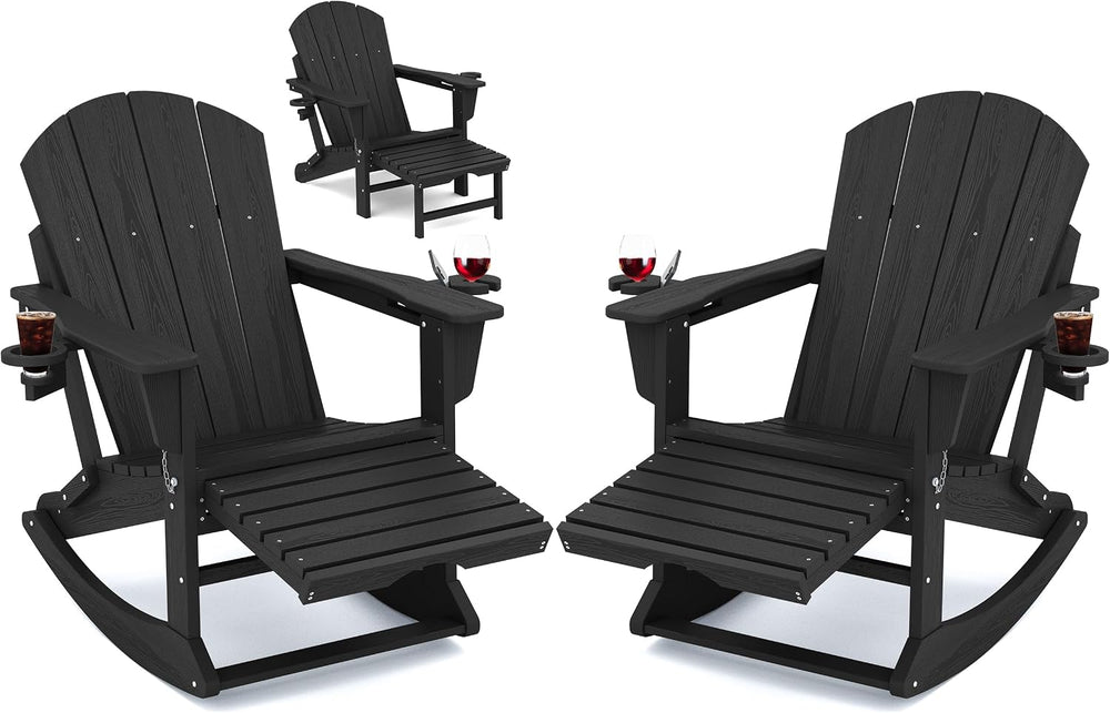 Adirondack Rocking Chair Set of 2 with Retractable Ottoman and Cup Holders, H...