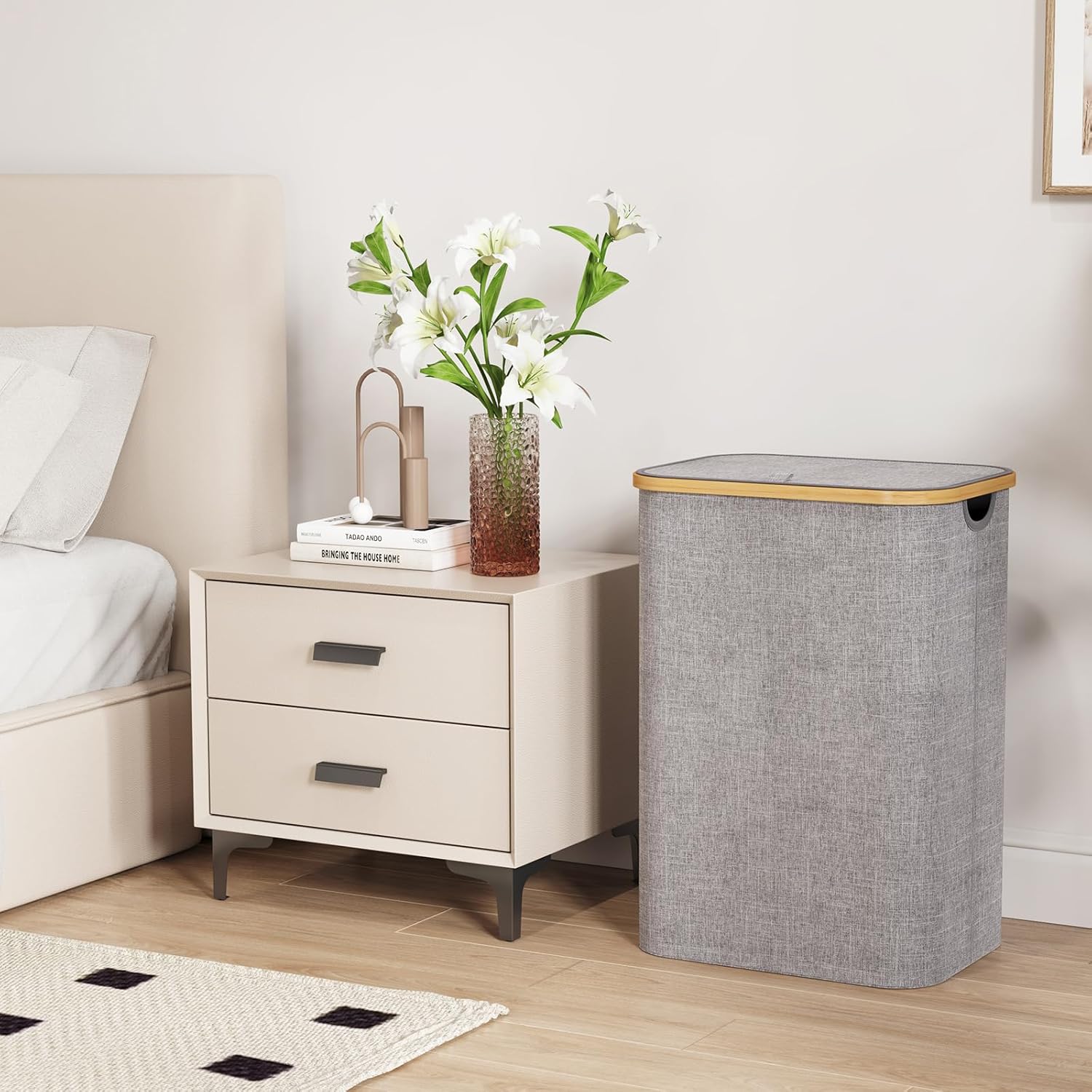 Lifewit 80L Laundry Basket with Lid, Clothes Hampers for Laundry with Bamboo Handles and A Removable Laundry Bag, Large Foldable Hamper for Bedroom, Bathroom, Dorm, Laundry Room, Light Gray