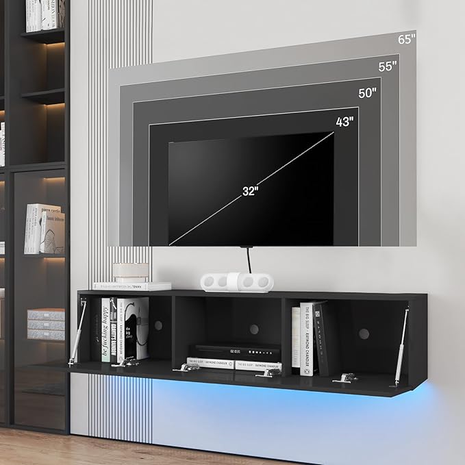 HOMMPA Floating TV Stand with LED Lights for TVs up to 65 Inch, Wall Mounted Entertainment Center with Storage, Modern High Glossy Media Console for Living Room, Bedroom, Black