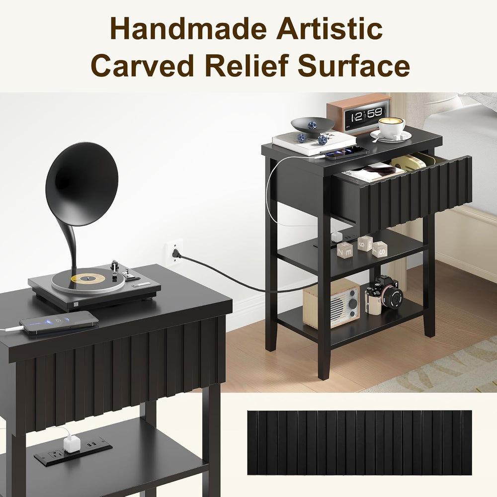 3imothrix Narrow End Table with Charging Station, Fluted Side Table with Draw...
