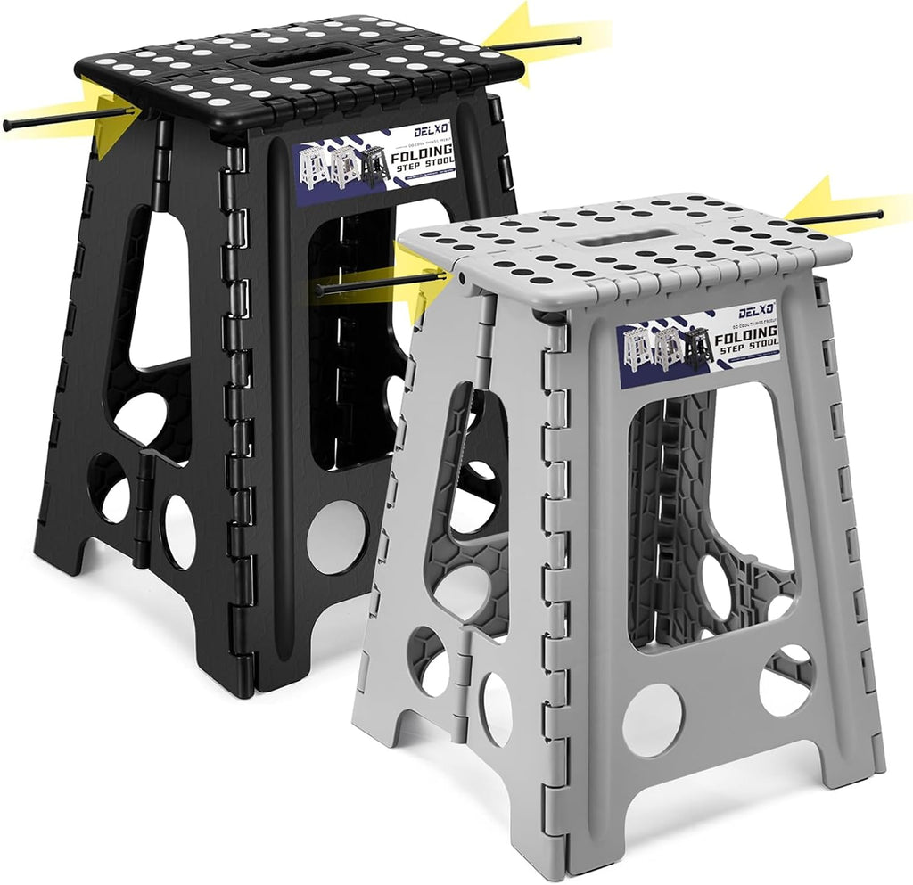 Delxo 17.5 Inch Folding Step Stool, Foldable Stool for Adults,Premium Portable Collapsible Plastic Step Stool,Non Slip Folding Stools for Kitchen Bathroom Bedroom (Black + Grey)