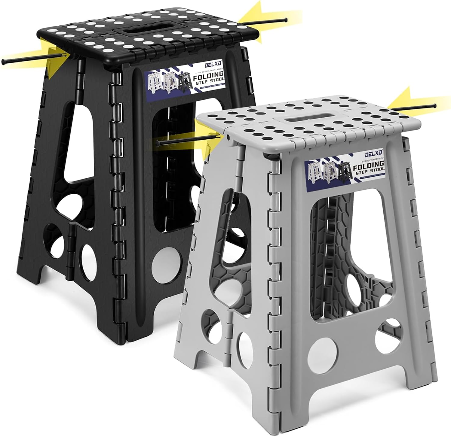 Delxo 17.5 Inch Folding Step Stool, Foldable Stool for Adults,Premium Portable Collapsible Plastic Step Stool,Non Slip Folding Stools for Kitchen Bathroom Bedroom (Black + Grey)