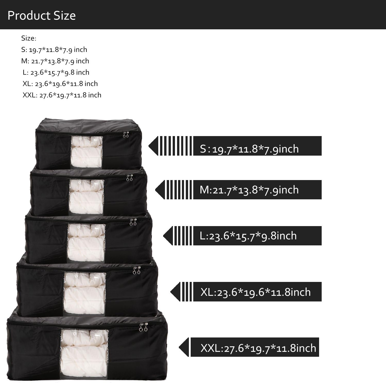 Comforter Storage Bags Pack of 2,Pillow Beddings/Blanket Clothes Organizer Storage Containers with Zippers,Breathable and Moistureproof(Black,2pcs)