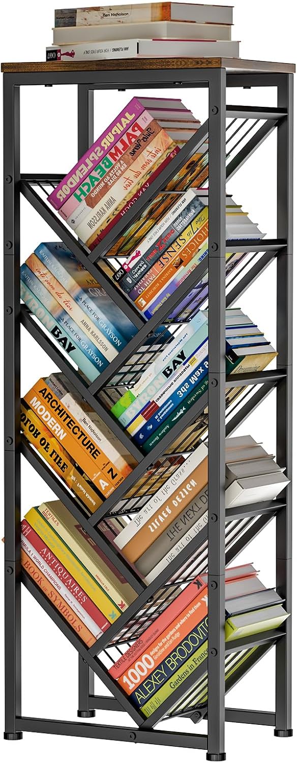 Cutogxon Tree Bookshelf - 9 Tier Visual Metal Floor Standing Book Shelf with Wooden Top, Small Bookshelf for Small Spaces Bookshelves Book Storage Organizer Shelves for Living Room Bedroom Black