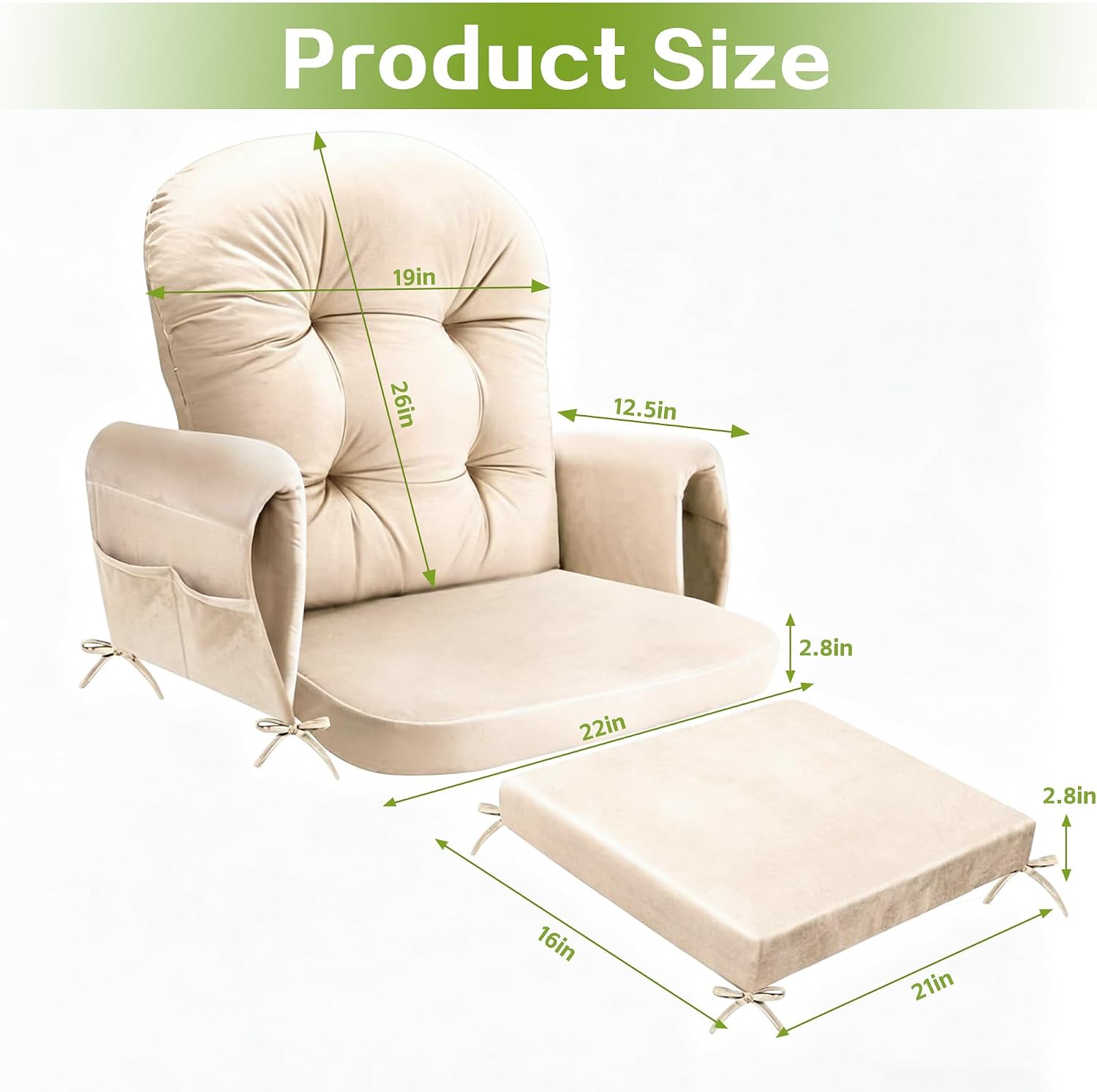 Glider Rocker Replacement Cushion Set, Rocking Chair Cushions with Back Support, Soft Vinyl Fabric, Non-Slip, Armrest Storage Pockets, Seat & Back Pads for Nursery Living Room