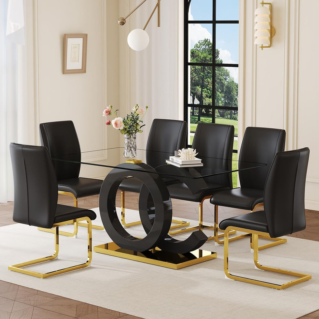 Glass Dining Table Set for 6,Modern Black Gold Dining Table Set,63" | Tempered Glass,Black OC-Shaped Legs,Gold Base,Black Cantilever Chairs,Dinner Table Set for 6, for Kitchen,Dining room