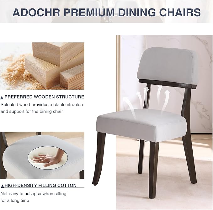 Modern Wood Dining Chairs Set of 2, Velvet Upholstered Kitchen Chairs with Open Curved Backrest & Black Hardwood Legs for Vanity, Living Room, 350 LBS Capacity, Grey