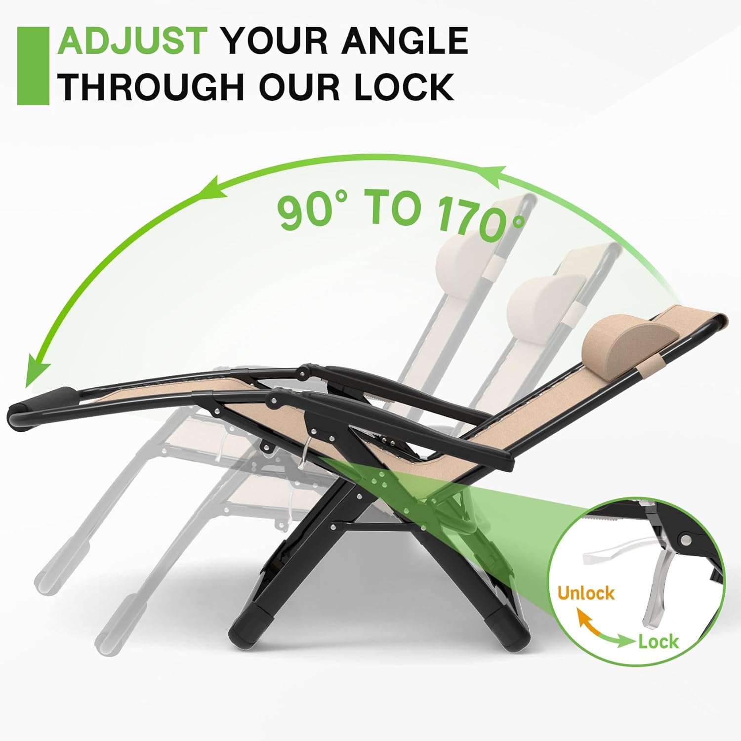 29In XL Zero Gravity Chair, 440LBS with Cushion | Anti Gravity Recliner Lounge Chair with Aluminum Alloy Lock & Footrest, 90-170° Adjustable, for Lawn Patio Indoor Outdoor