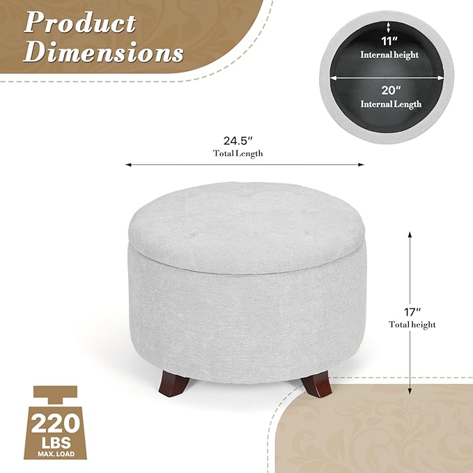 Athena Collection 24.5 Inch Small Ottoman with Storage, Round Linen Fabric Storage Ottoman Foot Rest with Removable Lid, Multipurpose Footstool Footrest for Livingroom, Bedroom, Dorm, Grey