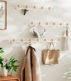 Coat Rack Wall Mount,White Wall Hooks Adhesive & Screw in,Anti-Tear Wooden Ball Hook Rail, Heavy Duty Metal Coat Hanger Wall Mount for Entryway, Bathroom, Bedroom, Kitchen2PACK (5-tri Hooks)