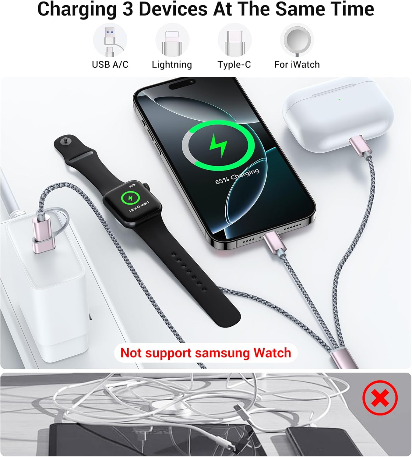 Temdan for Travel Vacation Essentials,3 in 2 USB C Cable for Apple Watch Charger/iPhone 17 Charger/Lightning,Multi Charging Cable Cord,Camping Essentials,Portable Designed for iWatch &iPhone 16-12-5FT