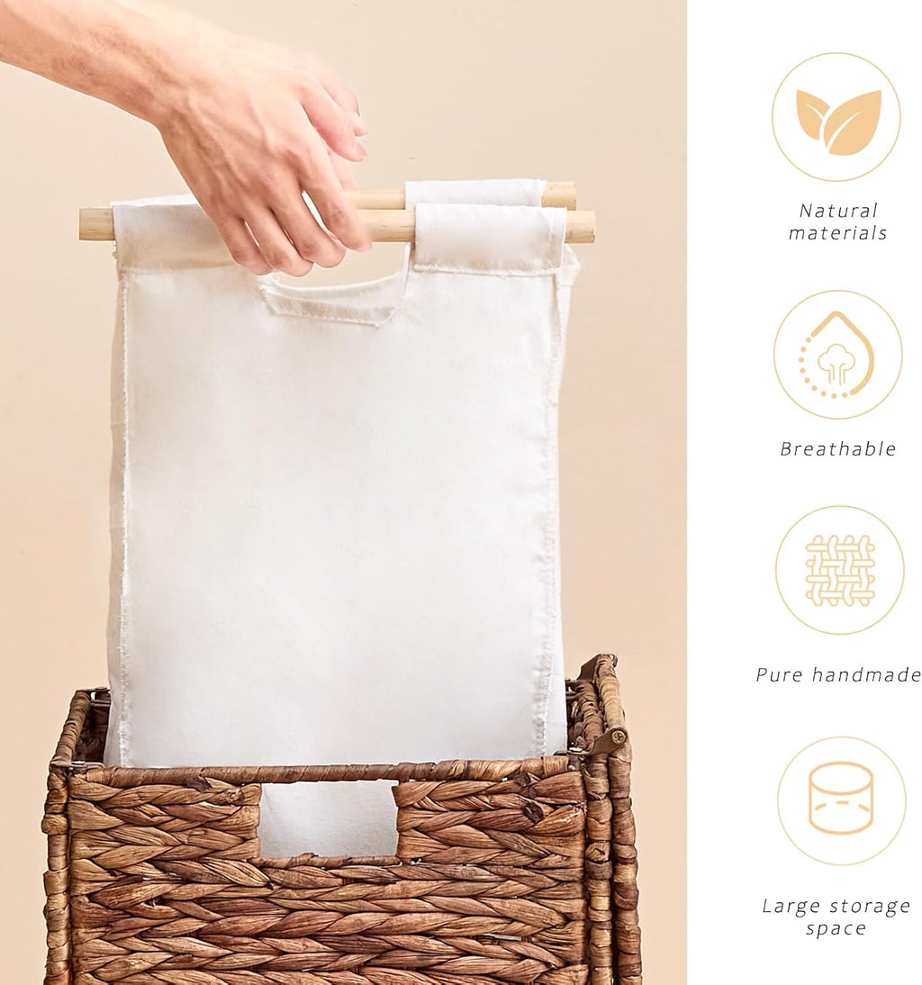 Handwoven Laundry Hamper with Lid, Natural Water Hyacinth Heightened Feet Laundry Basket, Wicker Clothes Hamper with Removable Liner Bag