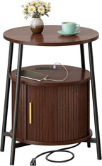 DHH Round End Tables with Charging Station, Fluted Accent Side Table with Sliding Door, Mid-Century Modern Nightstand for Small Space Storage, Living Room, Bedroom,Sofa Couch(1, Walnut)