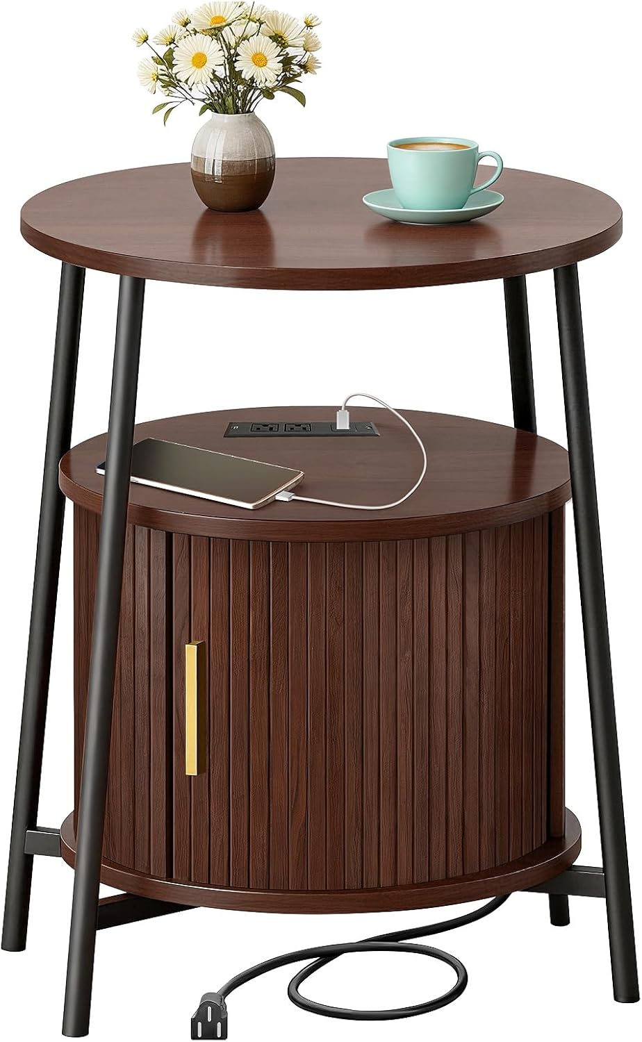 DHH Round End Tables with Charging Station, Fluted Accent Side Table with Sliding Door, Mid-Century Modern Nightstand for Small Space Storage, Living Room, Bedroom,Sofa Couch(1, Walnut)