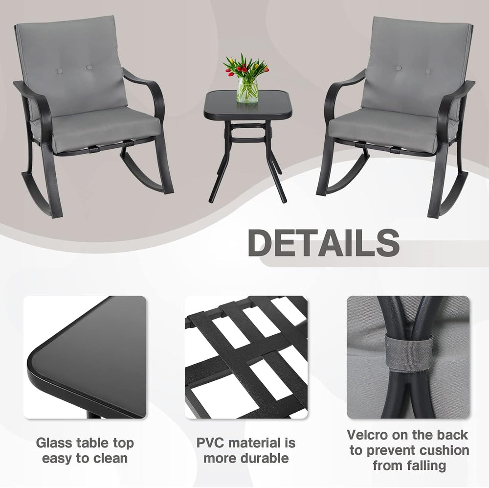 Outdoor 3-Piece Rocking Chairs, Patio Bistro Furniture Set, 2 Black Steel Roc...