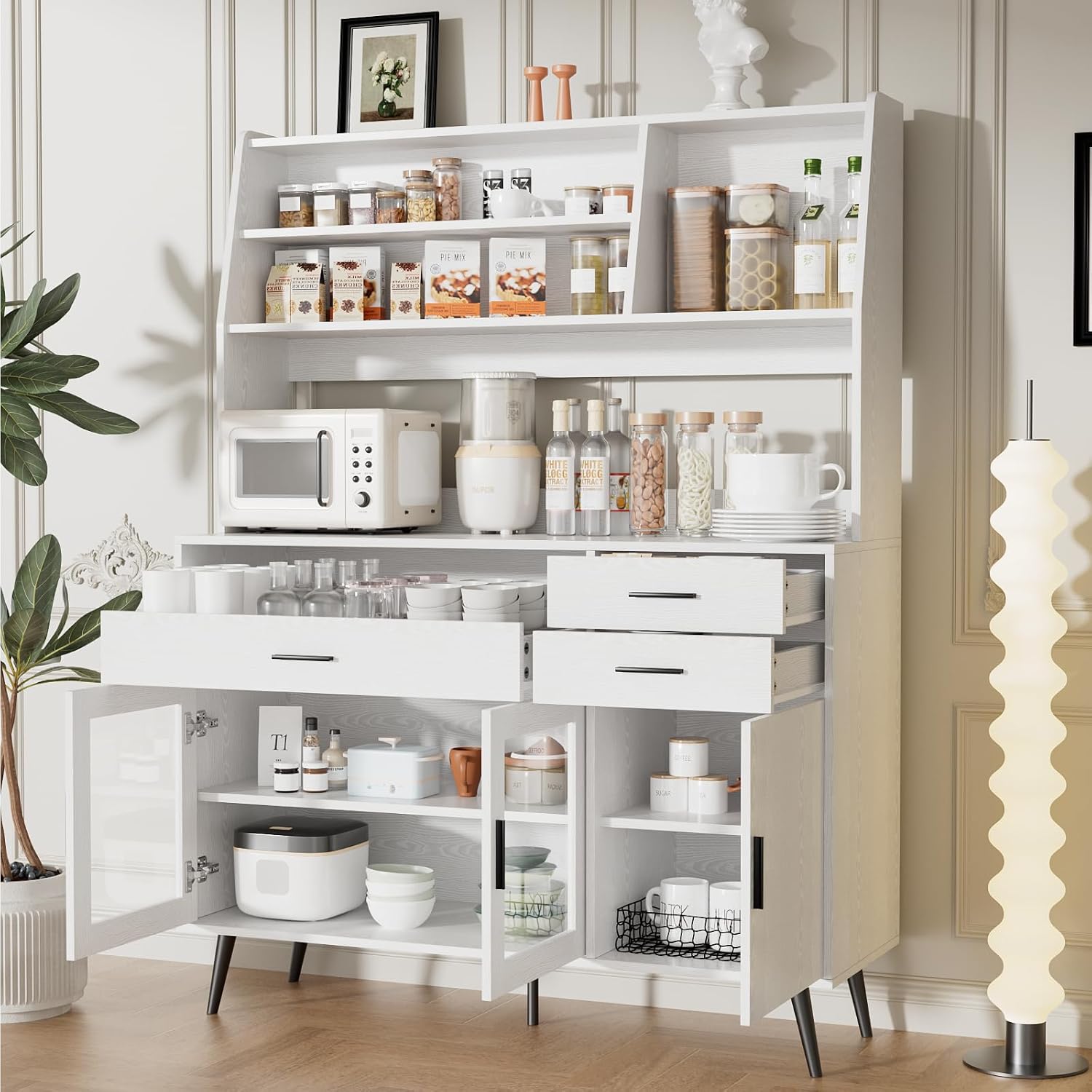 VOWNER Kitchen Hutch Storage Cabinet, Freestanding Kitchen Pantry with 2 Glass Doors and 3 Drawers, Modern Sideboard Buffet Cabinet, Barn Door Coffee Bar Station for Dining Room, Living Room (White)