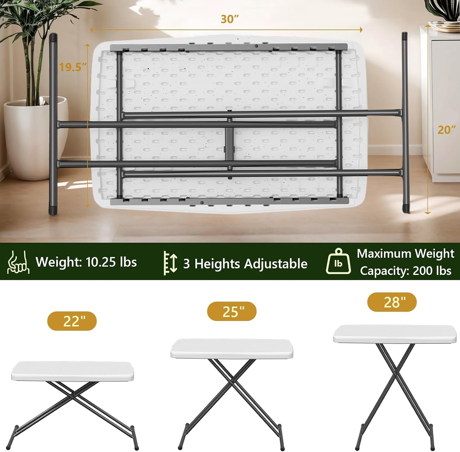 Folding Table 30 Inch - Small Desk Adjustable Height TV Tray for Laptop, Couch, Camping - Heavy Duty Utility Foldable Table for Small Spaces, No Assembly Required, White Granite