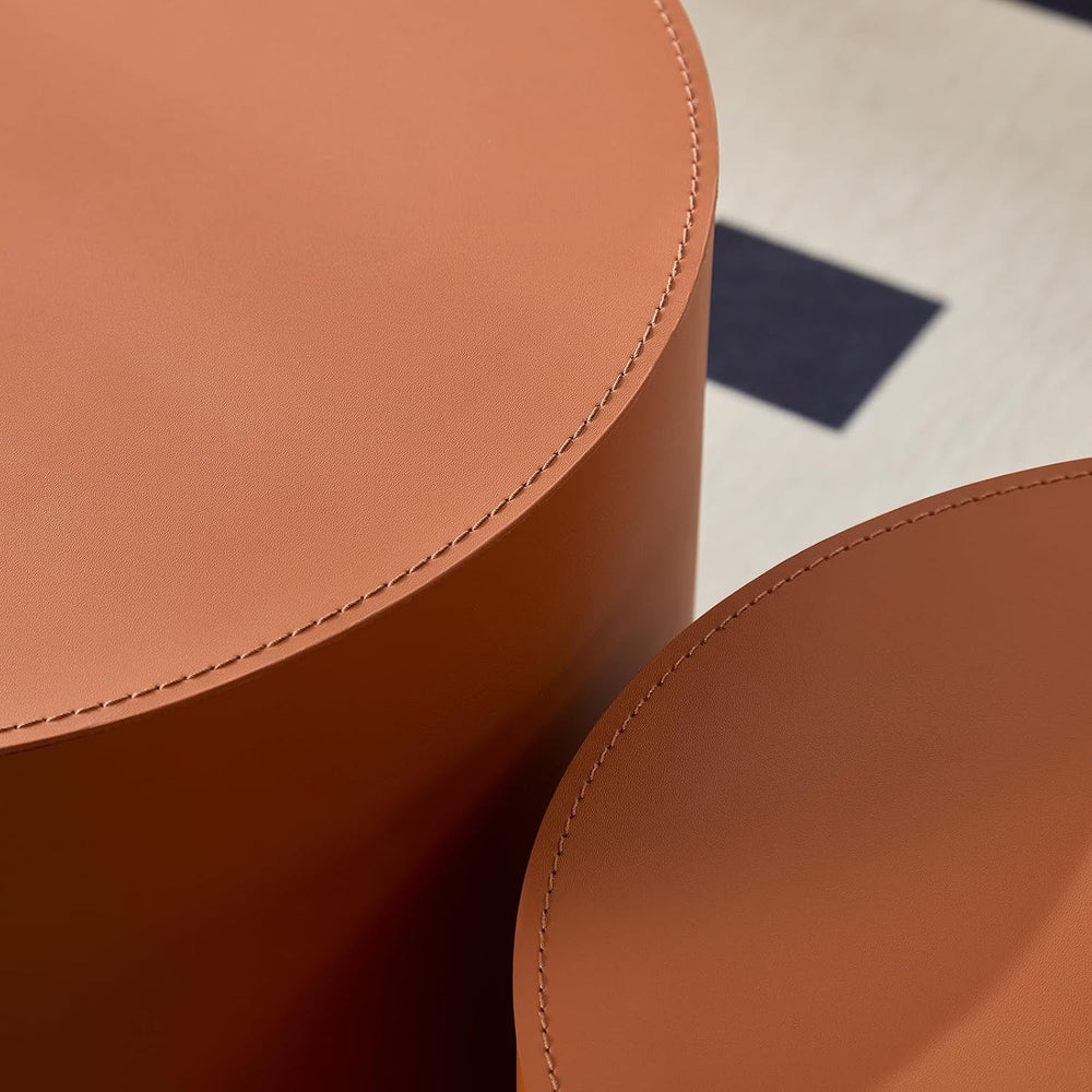 Modern Round Side Table Set of 2, MDF Core with Saddle Leather Upholstery, Cy...