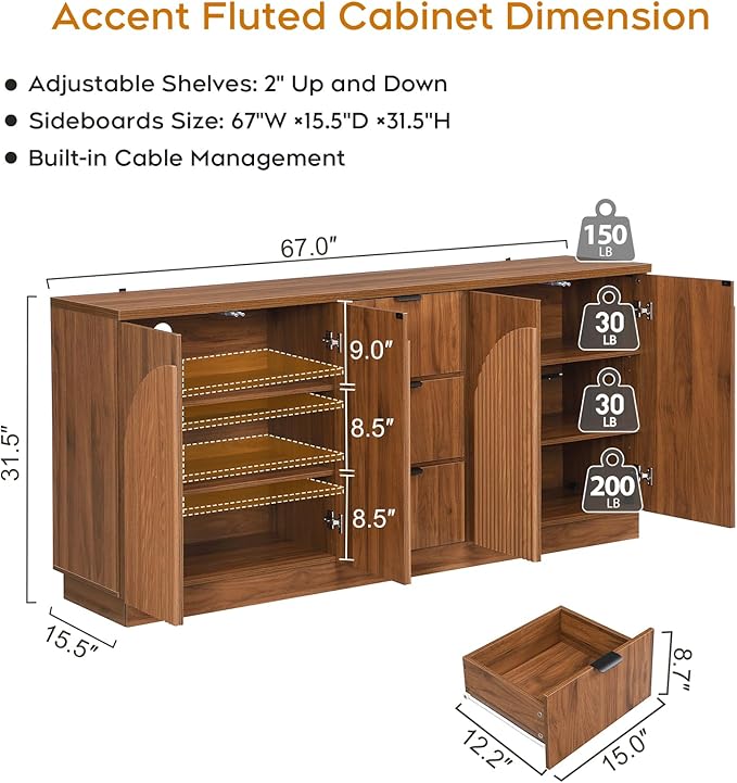 Yechen 67" Walnut Fluted TV Stand with Arched Reeded Design Doors & 3 Drawers, Modern Entertainment Center with Storage for TV up to 75", TV Media Console, TV Cabinet for Living Room, Bedroom