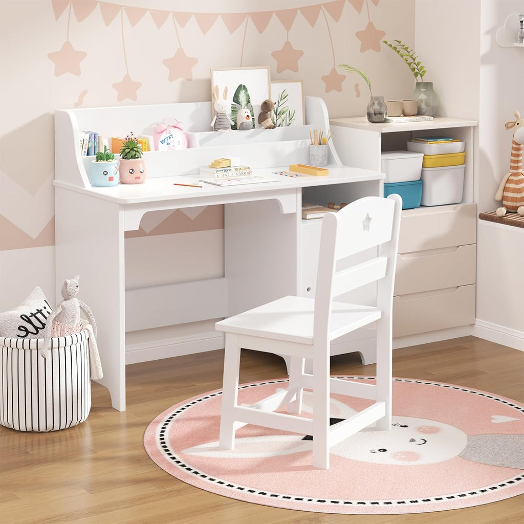 Kids Study Desk with Chair,Wooden Children Study Table, Kids Desk & Chair Sets with Hutch and Storage Cabinet for 3-12 Year Old, Student Writing Desk Computer Workstation for Kids Bedroom & Study Room