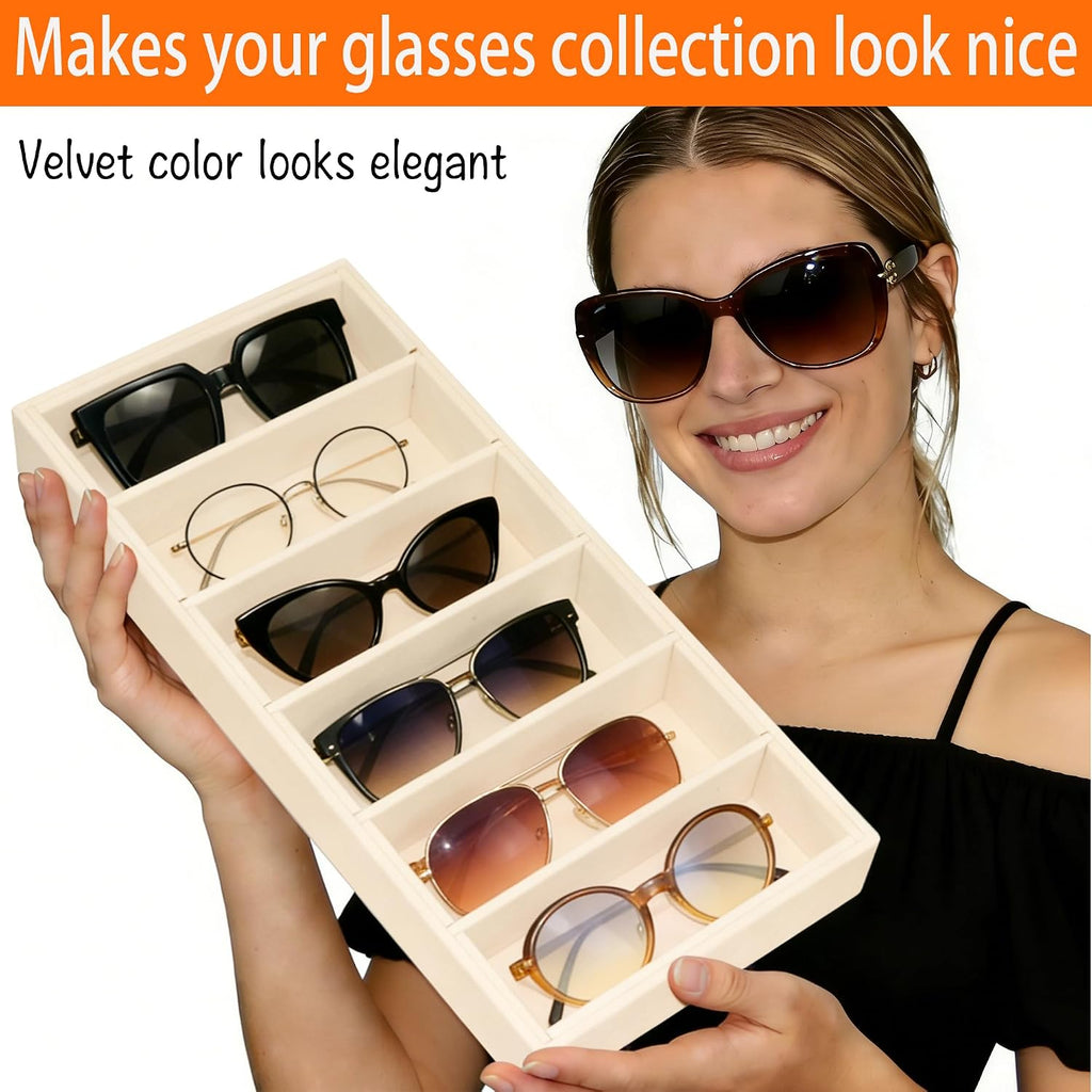 2 Pack Velvet Sunglasses Tray Stackable Eyeglasses Display Case Removable Jewelry Organizer Tray for Multiple Glasses, Reading Glasses, Earring Necklace Jewelrys Showcase, Beige
