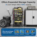 5-Tier Power Tool Organizer Cart with Charging Station - 8 AC Outlets, 300 lbs Heavy Duty Utility Rack, Rolling Drill Holder & Tool Storage Cart on Wheels for Garage, Workshop, Gift for Men