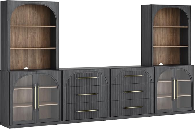 BELLEZE 6-Piece Modular TV Stand Set - 2 Arched Glass Door Sideboards, 2 Sideboards with Drawer, 2 Hutch Cabinets, Classic Modern Media Console Entertainment Center for Living Room (Ebony)