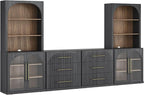 BELLEZE 6-Piece Modular TV Stand Set - 2 Arched Glass Door Sideboards, 2 Sideboards with Drawer, 2 Hutch Cabinets, Classic Modern Media Console Entertainment Center for Living Room (Ebony)