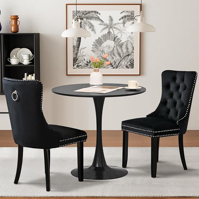 SoarFlash Kitchen Table and Chairs for 2, 31.5" Dining Table Set for 2 with Velvet Upholstered Chairs, 3 Piece Round Kitchen Table Set, Dining Room Table Set for Small Space, Apartment, Black/Black