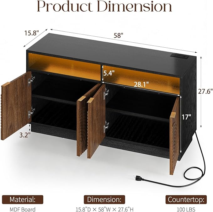 Fluted TV Stand with Power Outlet - 58" TV Stands for Living Room, Mid Century Entertainment Center with Storage Cabinets & Adjustable Shelf, LED Modern Media Console for TVs Up to 70", Black