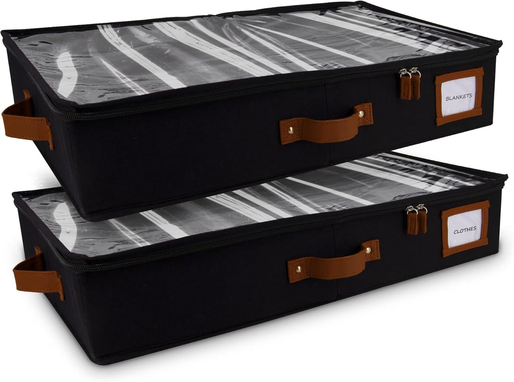 HOMELUX THEORY 2pc Under Bed Storage Containers, Bedroom Under the Bed Drawer Storage Organizer with Bins and Lids, Medium Underbed Clothes Storage Box Ideal for Blanket, Fabric, & Shoes (Black)