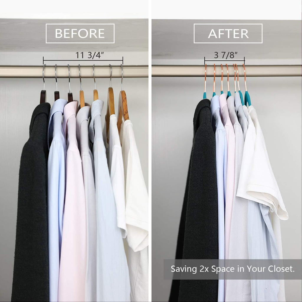 MIZGI Premium Velvet Hangers (50 Pack) Heavy Duty - Non Slip Felt Suit Hanger Teal/Turquoise - Rose Gold Hooks,Space Saving Clothes Hanger