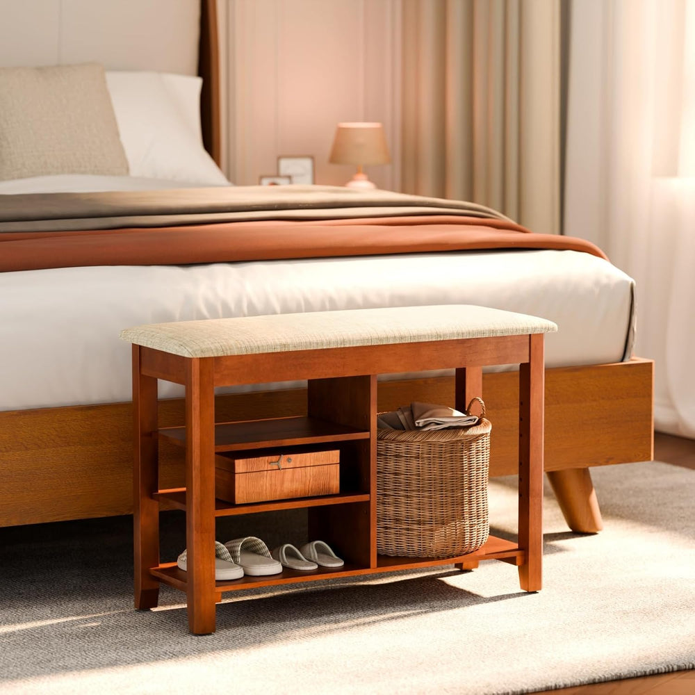 FAGAGA Shoe Rack Bench with Cushioned Seat, Solid Wood Entryway Bench with Fl...