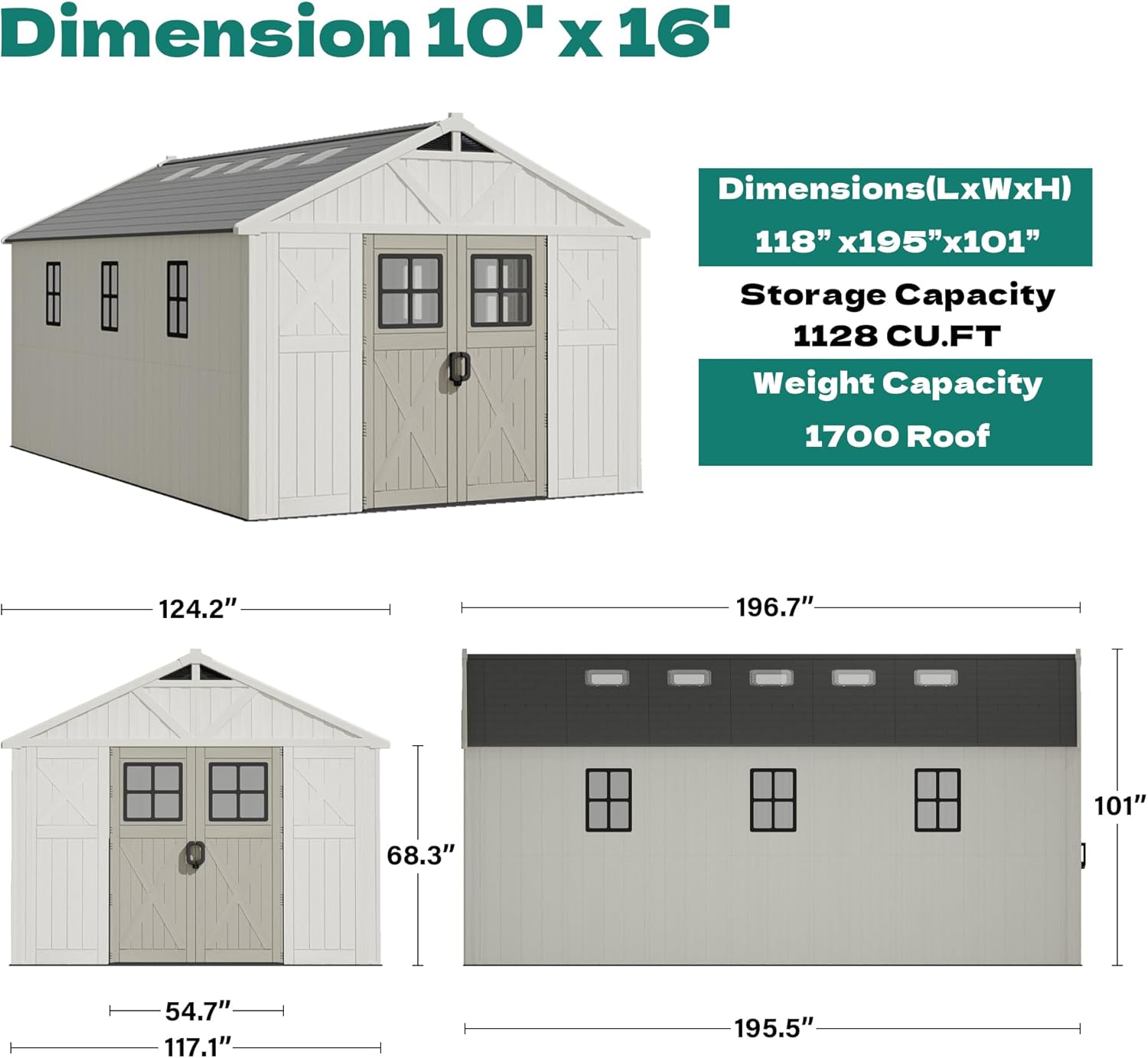 Devoko 10x16 FT Resin Outdoor Storage Shed with Floor, Plastic Tool Garden Shed with Windows & Lockable Door, Outside Large Storage Shed for Patio Backyard Lawn, Beige