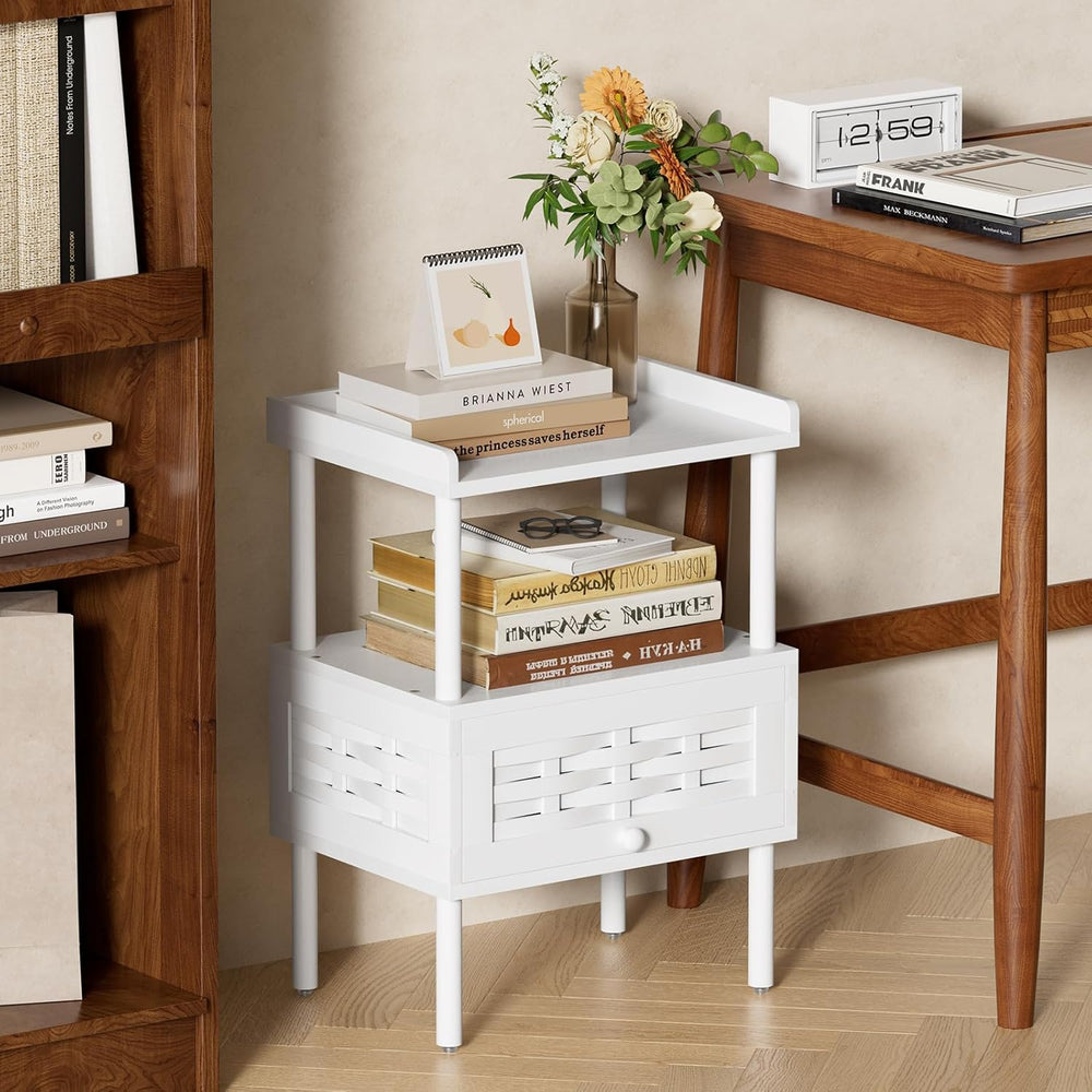 Amazer White Nightstand with Charging Station, Bamboo Night Stand for Bedroom...