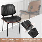 Dining Chairs Set of 2, Mid-Century Modern Upholstered PU Leather Chairs with Walnut Bentwood Back and Metal Legs Adjustable Feet for Kitchen, Black Shell Strips