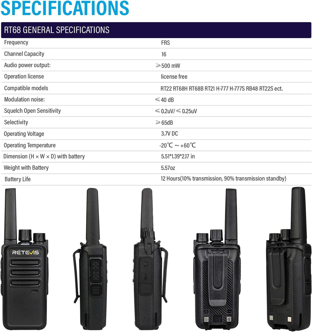Retevis RT68 Walkie Talkies Long Range Rechargeable (10 Pack) with Charger